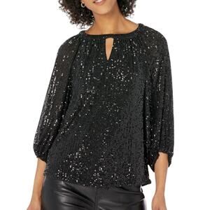 Vince Camuto 2X Black Sequin Raglan Sleeve Top Keyhole Cocktail MOTB